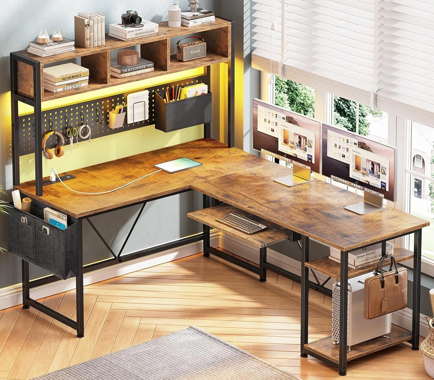 L Shaped Desk with Hutch&LED Light Reversible Comp